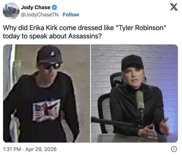 A controversial Erika Kirk meme compares her all-black podcast outfit to a surveillance photo of an assassin, mocking her choice of tactical-style clothing.