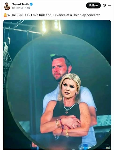 This Erika Kirk meme features a photoshopped image of JD Vance embracing Erika Kirk within a blue circular graphic. The caption mockingly asks if a Coldplay concert is their next public appearance.