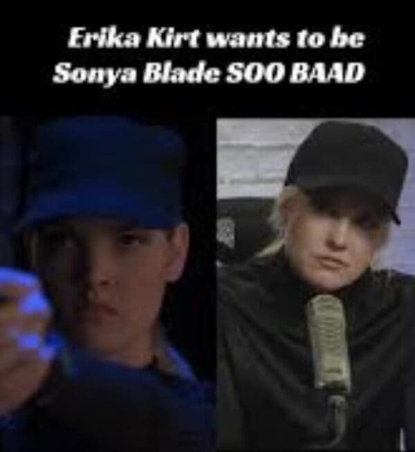 A side-by-side Erika Kirk meme compares her black cap and tactical shirt to the Mortal Kombat character Sonya Blade, mocking her tough-girl image.
