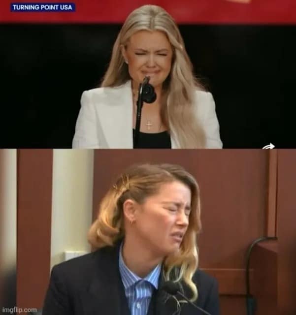 This side-by-side Erika Kirk meme compares her crying face to Amber Heard’s testimony during her famous legal trial. It implies a similarity in their perceived acting during emotional public moments.