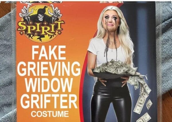 A fake Spirit Halloween costume package for a Fake Grieving Widow Grifter serves as a biting Erika Kirk meme. The artwork depicts her crying ink tears while a hat overflows with stolen cash.