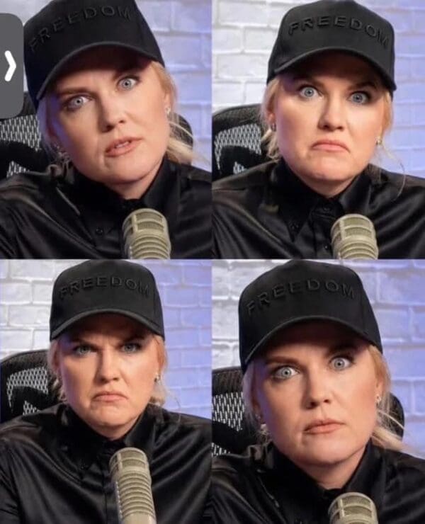 A four-panel grid captures diverse facial expressions in this Erika Kirk meme as she records a podcast in a black Freedom hat. Her reactions range from intense skepticism to visible frustration.