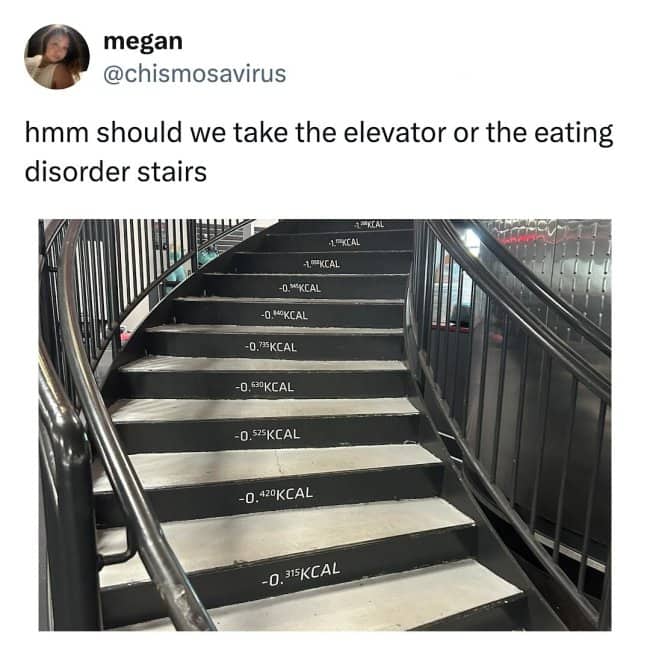 A social media post featuring a staircase inside a gym with calorie burn counts painted on each step.