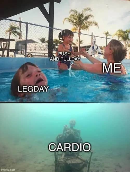 A three-panel pool meme showing someone prioritizing upper body push and pull days while completely neglecting leg day and cardio.