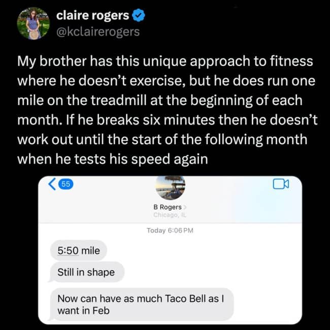 A text thread detailing a brother's monthly speed test strategy to justify eating fast food for the rest of the month.