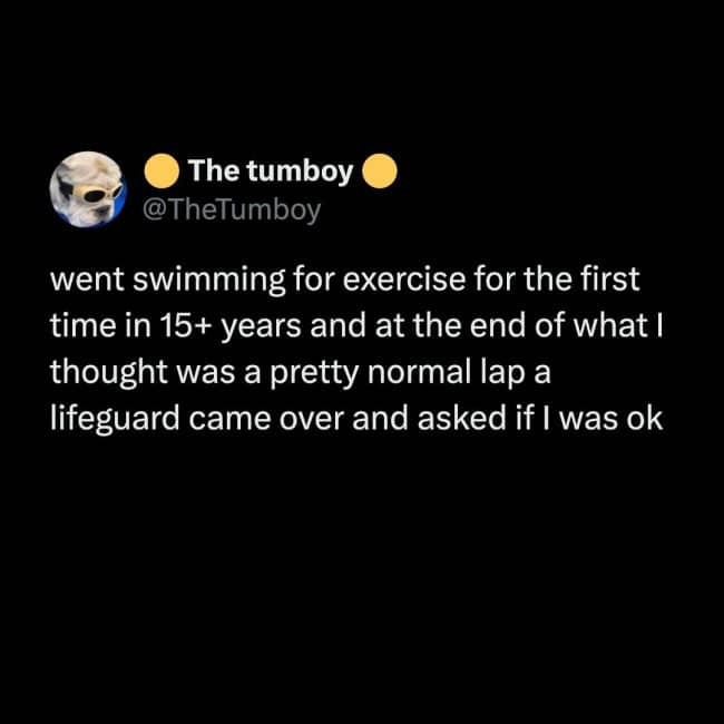 A text-based tweet joke about a person whose swimming lap looked so exhausting that the lifeguard checked on their safety.