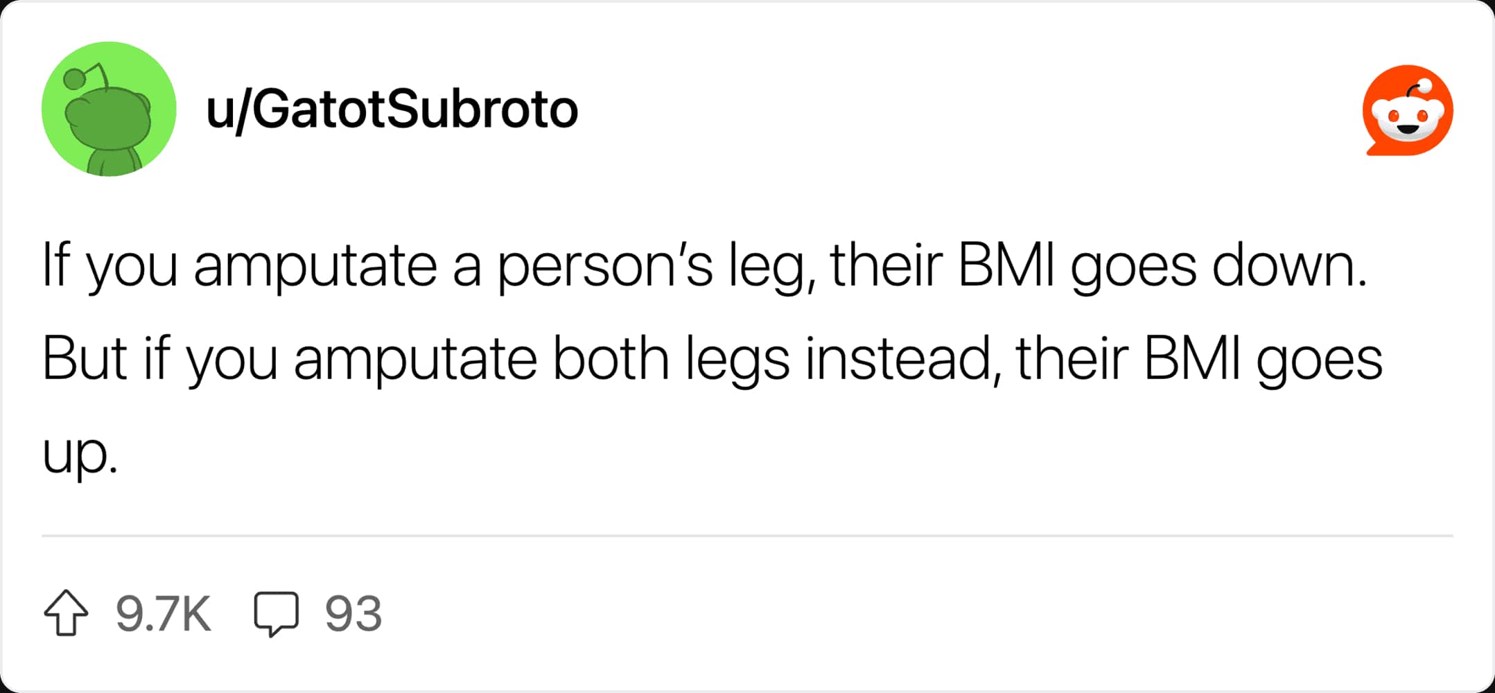 A Reddit post explaining how single versus double leg amputation strangely affects a person's BMI.