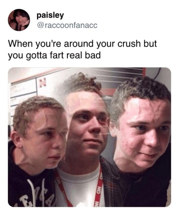 The classic trying to hold it in meme face represents the intense pressure of needing to pass gas around a crush in this relatable fart meme.
