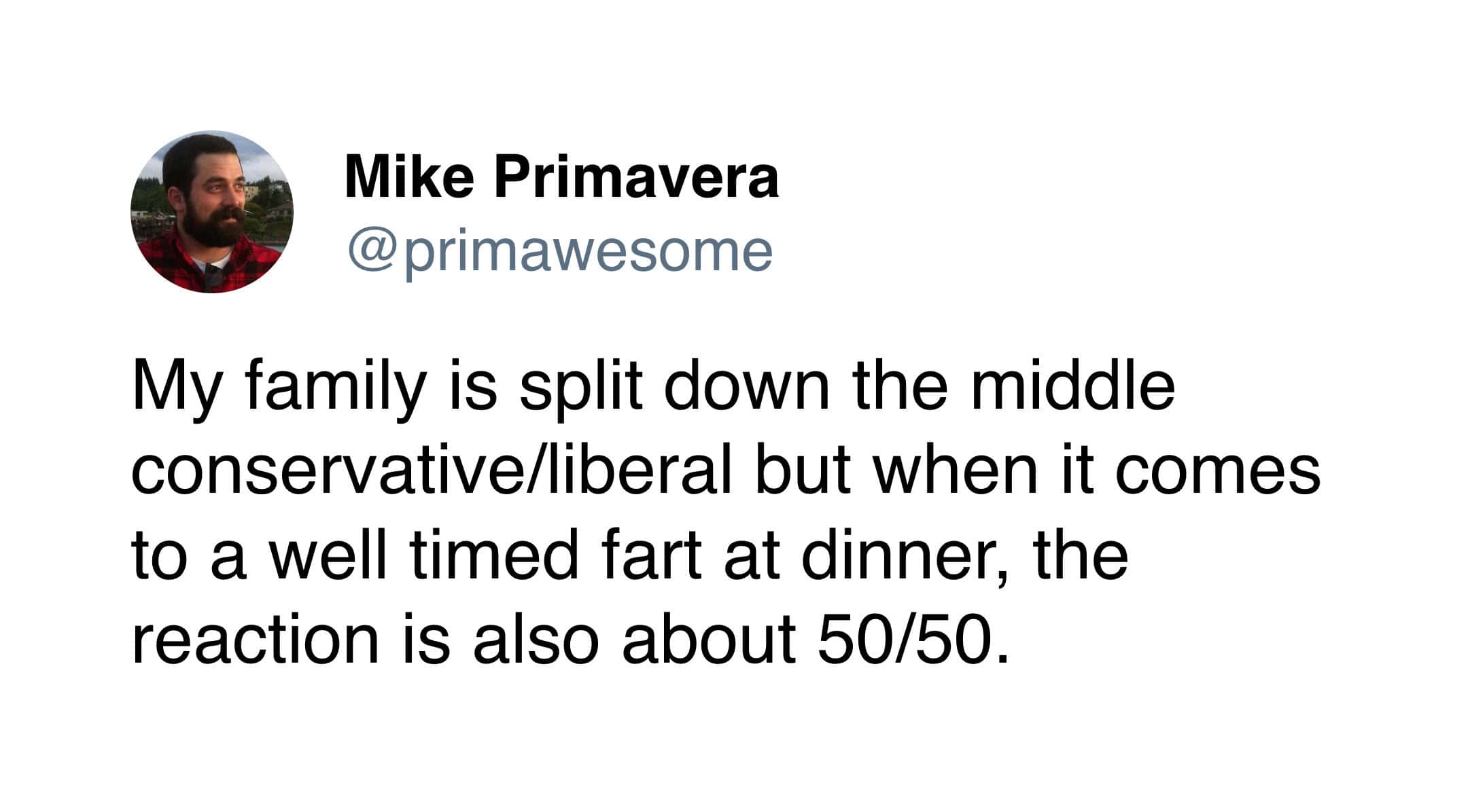 A political commentary post notes that regardless of being conservative or liberal, the reaction to a well-timed release of gas is always split in this fart meme.