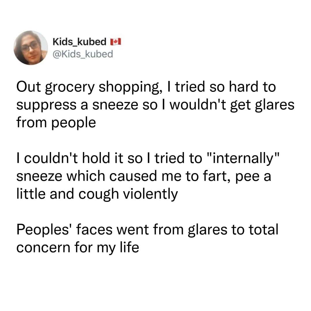 A relatable text post about a grocery store internal sneeze that led to a simultaneous fart, pee, and cough catastrophe, appearing here as a high-stakes fart meme.