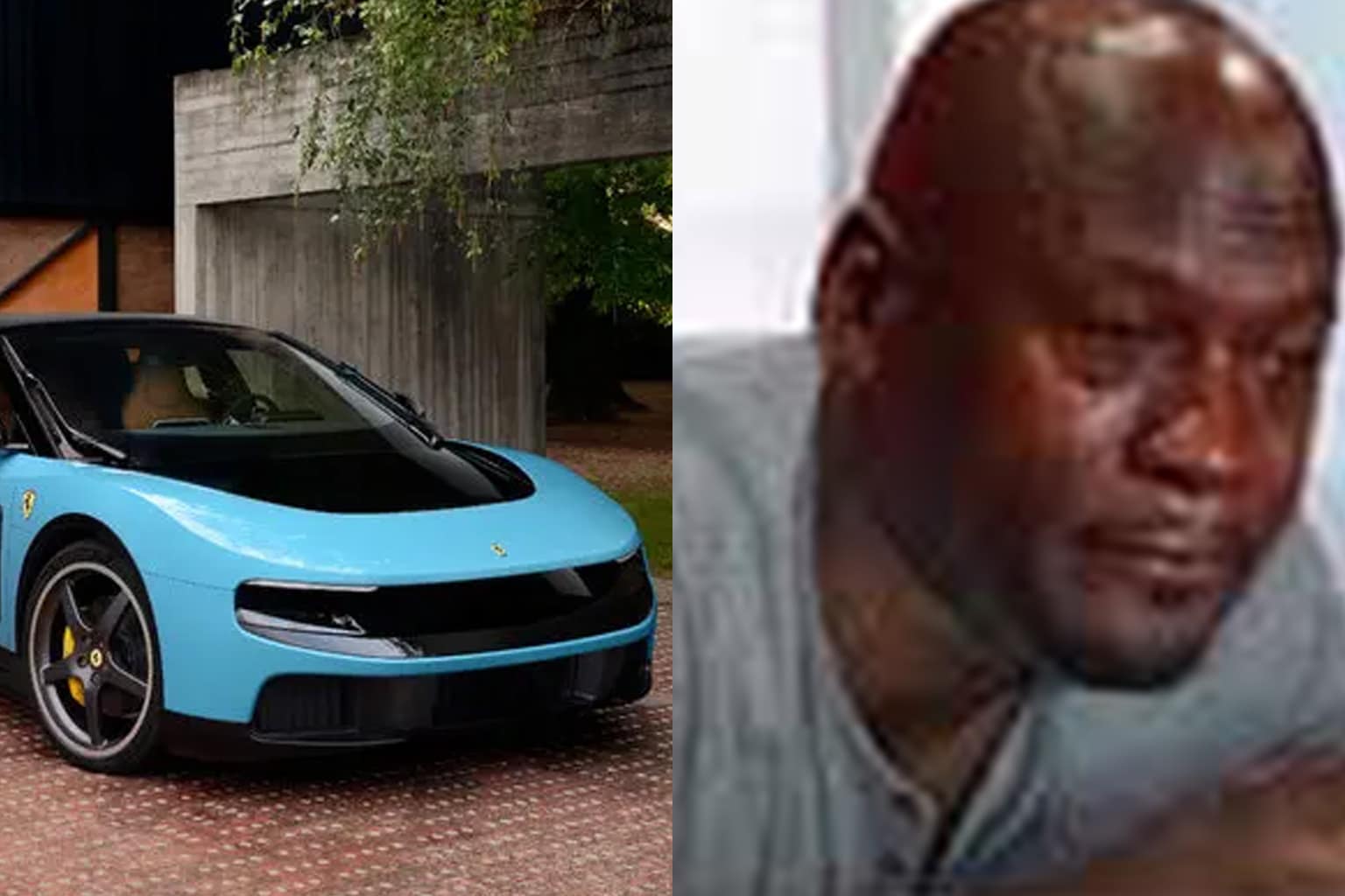 A viral Ferrari Luce memes curation gallery cataloging the massive online backlash over Maranello's flagship electric car design, highlighted by a side-by-side comparison mockup of the car's dashboard next to a kitchen air fryer, a customized edit shaping the vehicle like a vintage Fiat Multipla minivan, and a cartoon strip tracking the Grim Reaper knocking on Ferrari's door as the next boomer design victim.