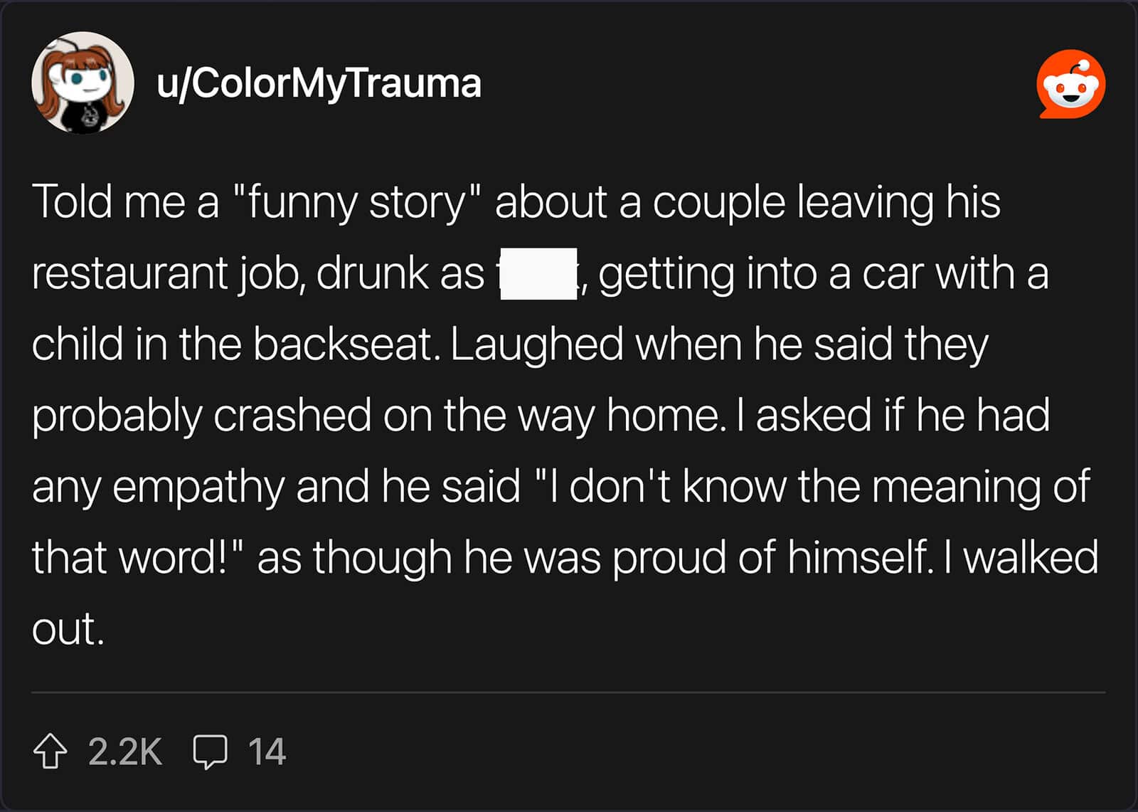 A first date red flags post by u/ColorMyTrauma where a date shares a "funny" story about a child in a drunk driving accident and then proudly admits he doesn't know what "empathy" means.