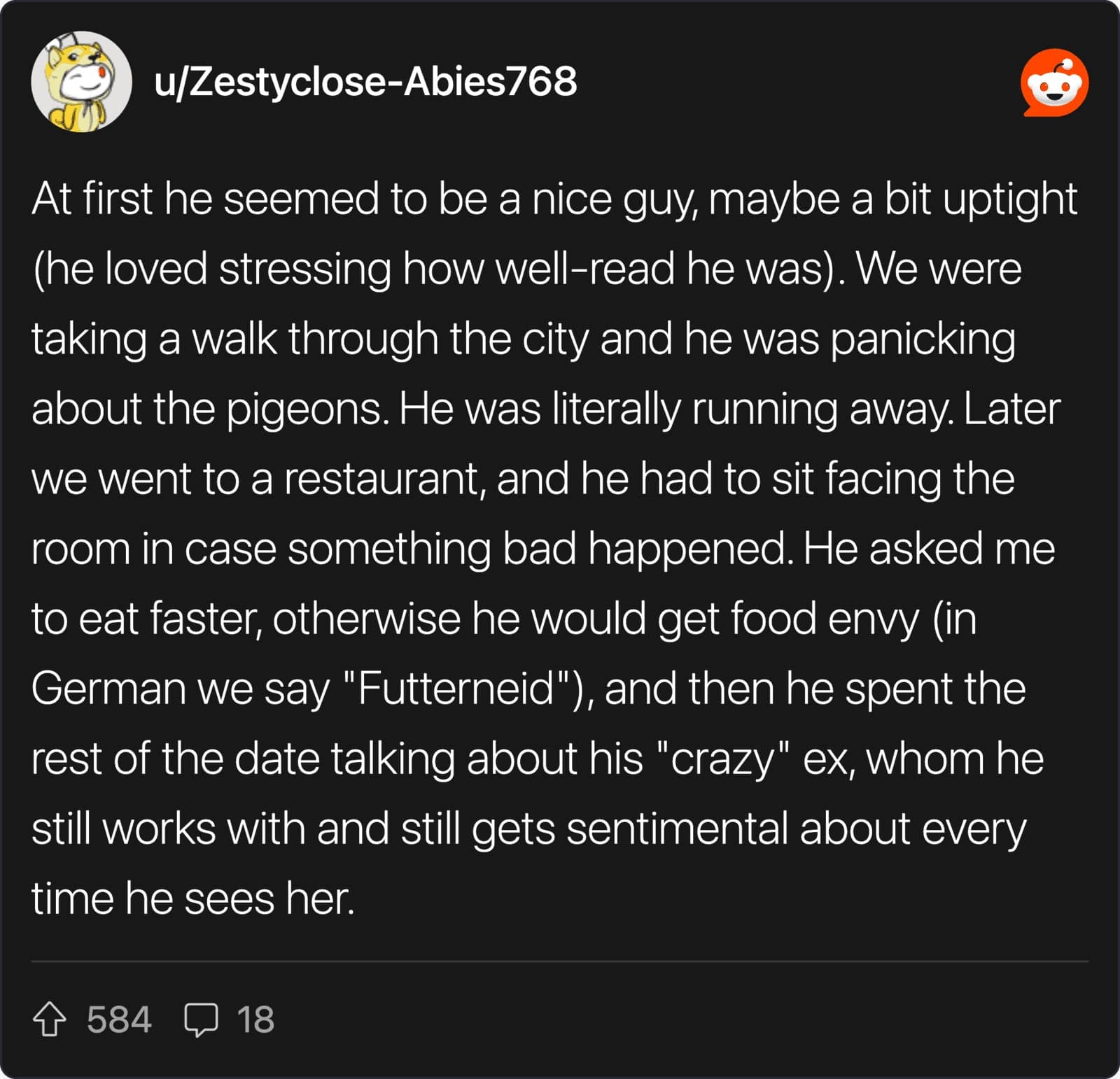 A Reddit screenshot of a worst first date story detailing a man who ran from pigeons, demanded the woman eat faster to avoid his "food envy," and wouldn't stop talking about his "crazy" ex-coworker.