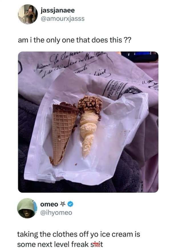 An unwrapped pre-packaged ice cream cone where the chocolate-dipped vanilla ice cream scoop has been entirely separated from its waffle cone shell stars in an unhinged social media food meme.