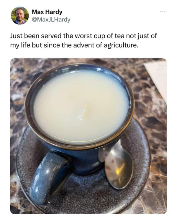 A teacup filled with a shockingly pale, milky liquid serves as the punchline for a viral food meme criticizing a poorly brewed beverage as the worst cup of tea since the advent of agriculture.