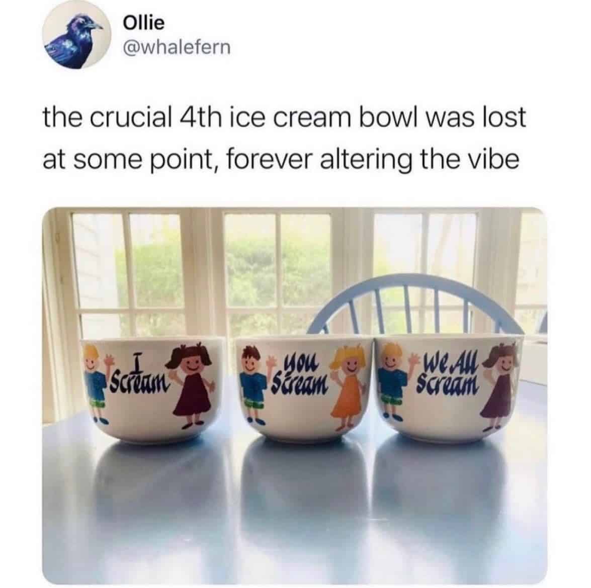 Three ice cream bowls with text that finishes the "I Scream" song rhyme.