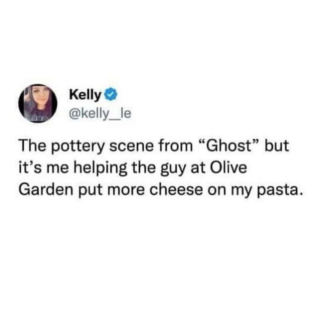 Kelly's tweet comparing the "Ghost" pottery scene to a waiter grating cheese.