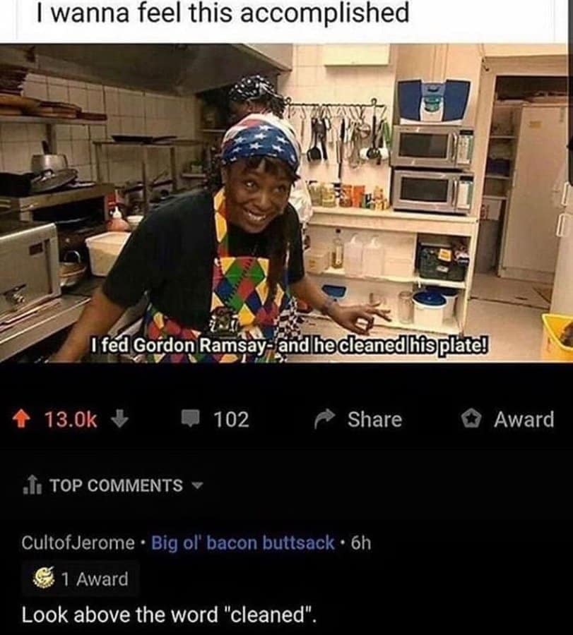 A funniest reddit posts image of a chef proud of feeding Gordon Ramsay, while a sharp-eyed commenter points out the stack of microwaves directly above her.