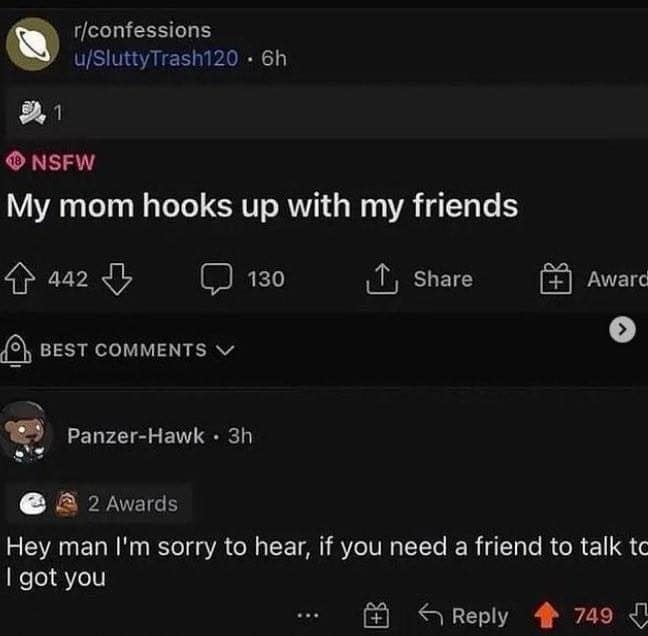 A funniest reddit posts entry from r/confessions where a user complains about their mother's social life, only for a commenter to offer "support" with a very clear ulterior motive.