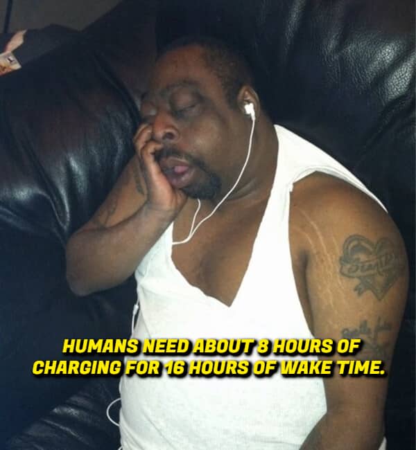 Beetlejuice the entertainer sleeping on a leather couch with the text comparing sleep to charging a battery.