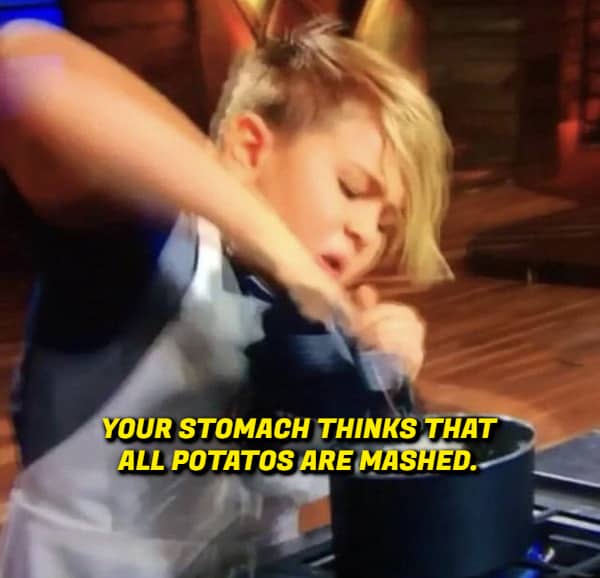 A young chef on a cooking show mashing food with text about the stomach's perception of potatoes.