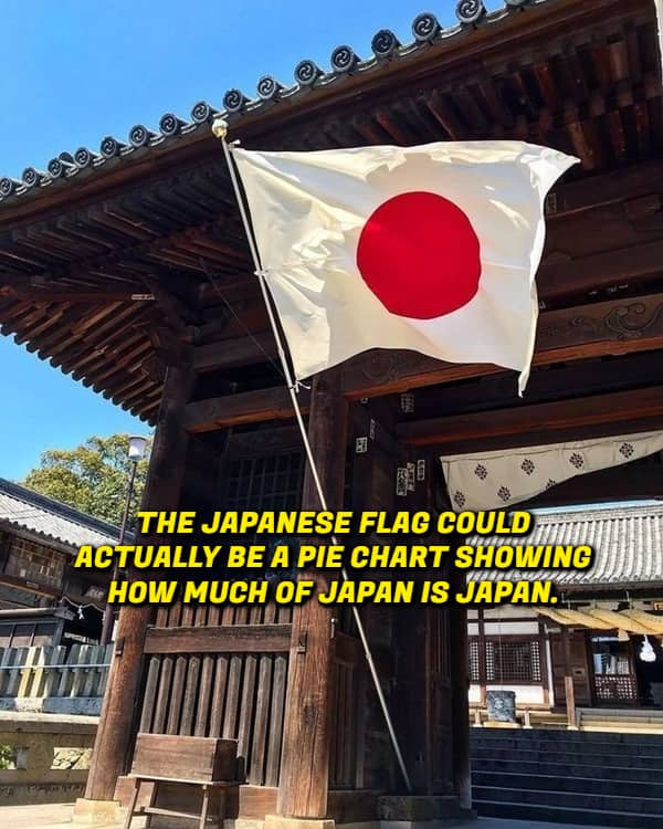 The flag of Japan flying in front of a traditional temple with text calling it a pie chart.