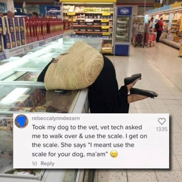 A TikTok comment describing an embarrassing mix-up stepping onto a veterinarian scale instead of a dog.