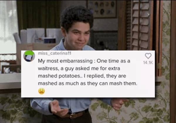 An awkward social media post recounting a waitress misinterpreting a customer's request for extra mashed potatoes.