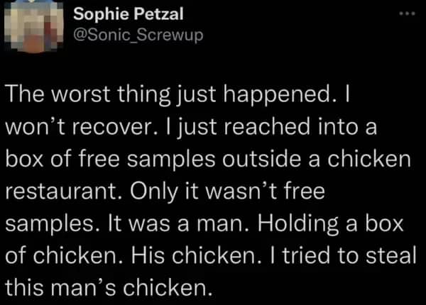 A screenshot of a text post detailing a restaurant customer accidentally trying to steal a man's chicken.