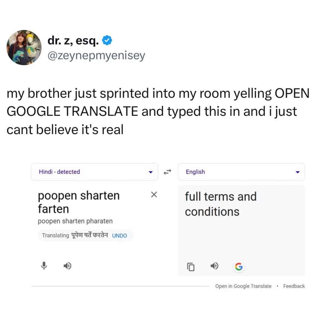 A Google Translate screenshot showing a childish phrase translating to full terms and conditions serves as a chaotic funny British tweet.