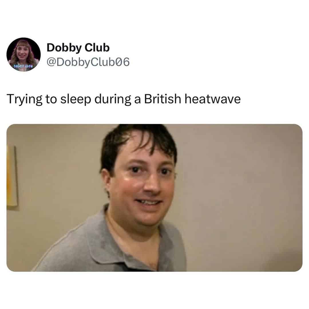 A sweaty photo of David Mitchell from Peep Show illustrating the struggle of a heatwave in a funny British tweet.