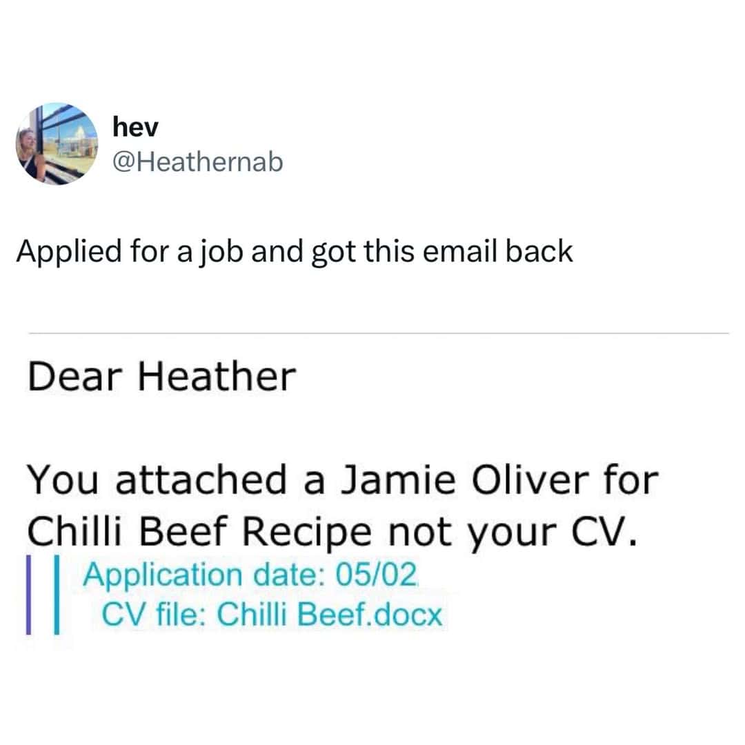 An email screenshot from an employer responding to a job applicant who sent a Jamie Oliver recipe instead of a resume in this funny British tweet.