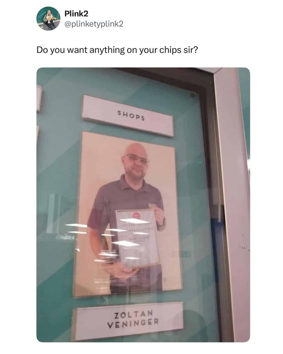 A photo of an employee recognition badge for a man named Zoltan Veninger as a punny funny British tweet about salt and vinegar.