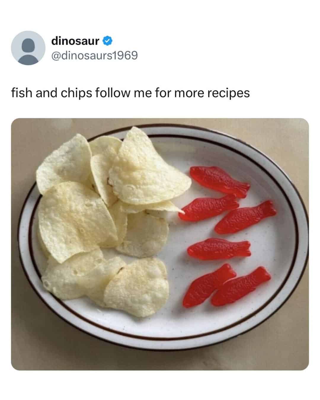 A plate containing gummy fish and potato crisps as a low-budget culinary British meme.