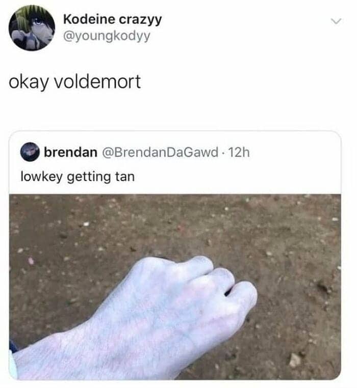wo tweets react to an exceptionally pale hand being compared to Voldemort.