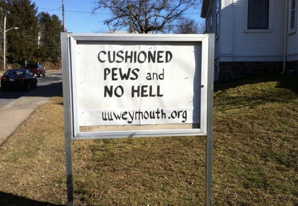 A minimalist funny church sign highlights two major selling points: the comfort of cushioned pews and the complete absence of hell.