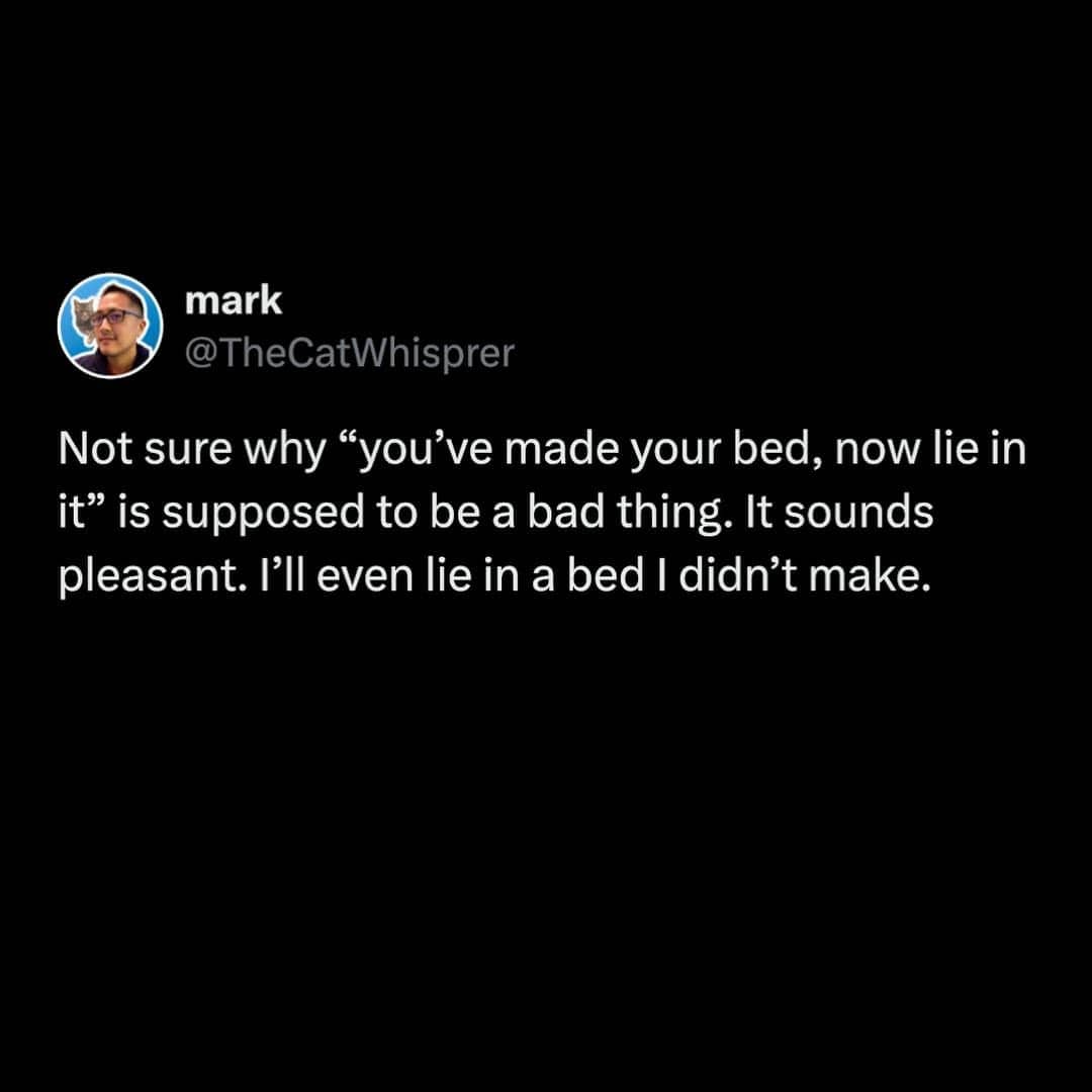 A screenshot of a text post analyzing the relaxing benefits of lying down in a freshly made bed.