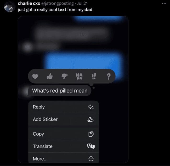 iPhone dark mode text screenshot displaying “What’s red pilled mean” from “dad.”