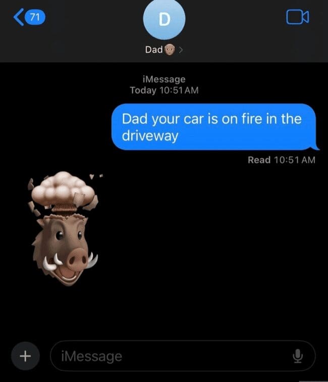 iPhone iMessage conversation showing "Dad your car is on fire in the driveway" with a boar explosion sticker.