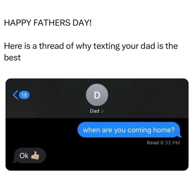 Dark mode iMessage conversation screenshot between 'Dad' and a user asking 'when are you coming home?'