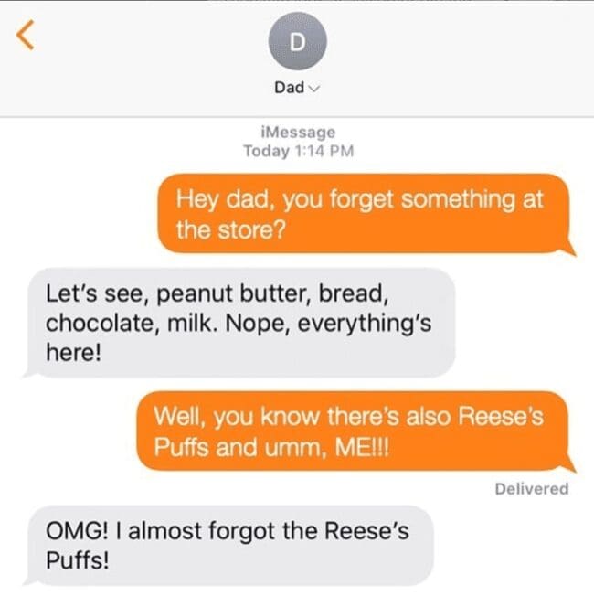 Bright orange and light gray text bubbles in a humorous family iMessage thread about Reese's Puffs cereal.