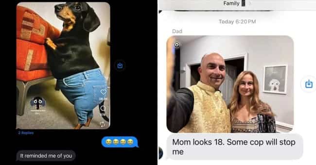 Splat-screen iMessage conversation with a funny dachshund image in jeans on the left and a photo text of family on the right.