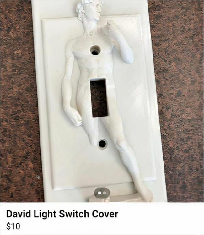 A single-toggle plastic wall plate molded into a relief sculpture of Michelangelo's classical statue of David features a cutout toggle slot right over his groin in a viral funny Facebook marketplace ad.