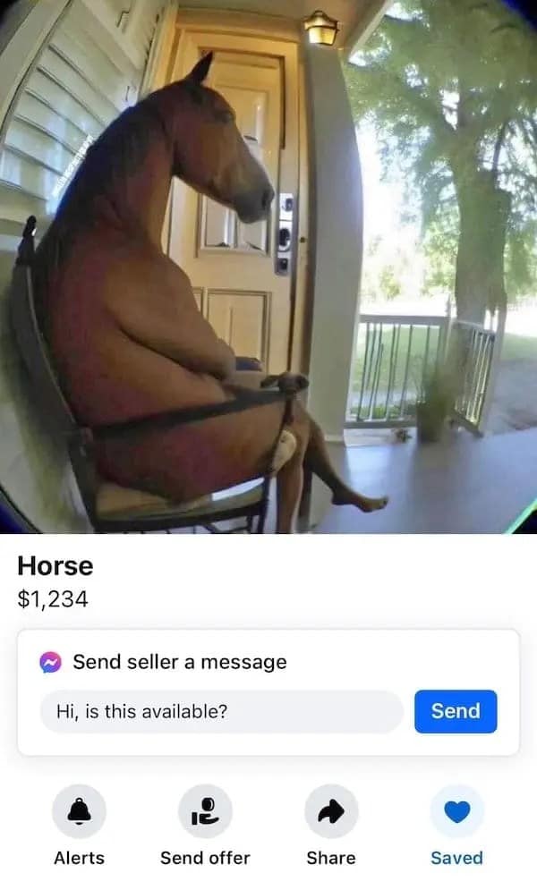 A fish-eye security camera frame captures a person wearing a realistic horse head mask sitting casually cross-legged on a front porch chair, listed under a minimalist funny Facebook marketplace ad titled "Horse."