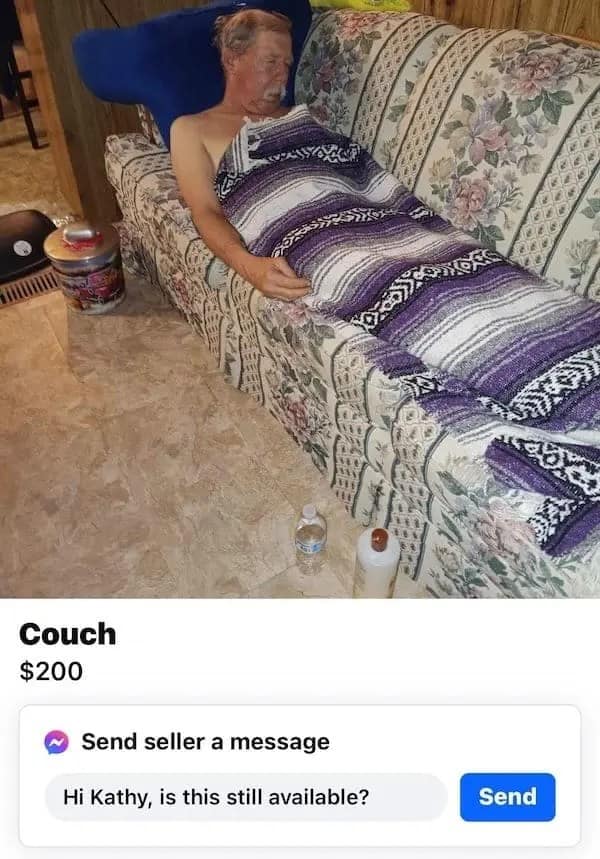 A standard floral-patterned living room sofa features an elderly man fast asleep beneath a purple striped blanket in an amusing funny Facebook marketplace ad offering the couch for two hundred dollars.