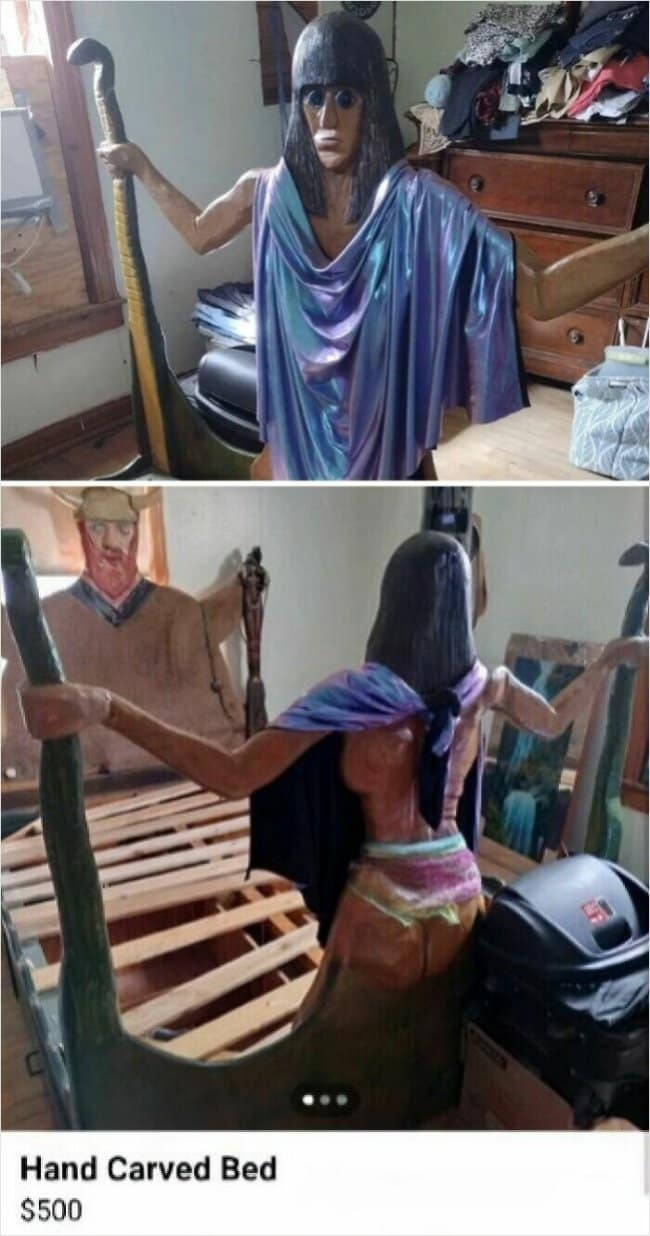 A deeply unsettling custom wooden bed frame features a hand-carved, life-sized ancient Egyptian figure clad in an iridescent purple fabric drape as a footboard pillar in a creepy funny Facebook marketplace ad.