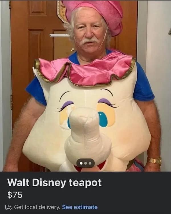 A white-haired older man proudly models a bulky, wearable plush costume of the Mrs. Potts character from Beauty and the Beast in a funny Facebook marketplace ad listing a Walt Disney teapot for seventy-five dollars.