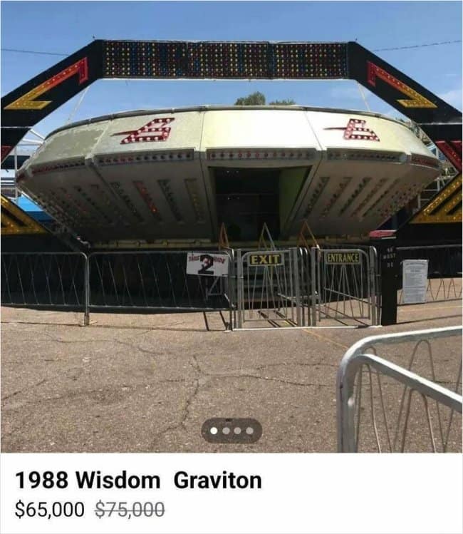 A full-scale, operational 1988 Wisdom Graviton carnival ride parked on a baking asphalt lot is offered up for sixty-five thousand dollars in a surreal funny Facebook marketplace ad.