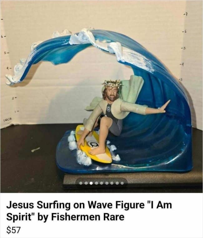 A custom novelty ceramic figurine depicting Jesus Christ wearing his crown of thorns while dynamically carving up a massive translucent blue resin curling ocean wave anchors a funny Facebook marketplace ad.