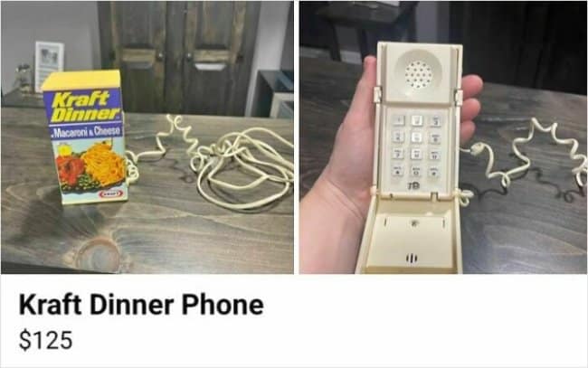 A multi-panel product listing details a vintage landline telephone cleverly built directly inside a retro cardboard box of Kraft Dinner Macaroni and Cheese with a coiled beige cord in a funny Facebook marketplace ad.